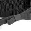 A close-up view of a black mesh material and gray straps of a backpack. Produktbild-Vorschau