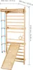 A wooden indoor playground gym with various attachments, including a ladder, rings, and a slide, shown against a white background with dimensions indicated. Podgląd zdjęcia produktu