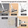 A collage of images showing a cordless vacuum cleaner being used on different floor types: tiles, wood, marble, carpet, and parquet. Produktbild-Vorschau