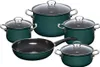 A set of teal cookware with glass lids and silver handles, arranged on a white background. Produktbild-Vorschau