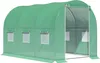 A green tunnel greenhouse with a roll-up door and windows.