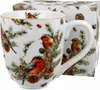 A white mug with a Christmas-themed design featuring birds and pine branches, next to its packaging. Voir les images du produit