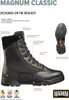 A black Magnum Classic boot is shown with various features highlighted by orange dots and text callouts. A sole view of the boot is also present. Produktbild-Vorschau