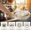 A hand holding a cooking pan filled with food, with icons representing different stove types below. Produktbild-Vorschau