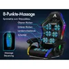 A gaming chair with massage features highlighted by glowing LED lights and text overlays explaining the massage points. A small remote control is shown in a separate inset. Podgląd zdjęcia produktu