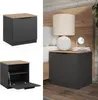 A collage of a nightstand, showing it closed and open, and a lifestyle shot of the nightstand next to a bed. Náhled obrázku produktu