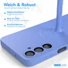 A blue phone case is shown with liquid silicone being poured onto it, highlighting its soft and robust texture. Text overlays describe its features. Produktbild-Vorschau