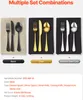 Three different color combinations of cutlery sets are displayed on dark cloths, with color labels below. Voir les images du produit