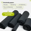 Several rolls of black drainage membrane are displayed on a white background, with text overlays highlighting product features. Produktbild-Vorschau