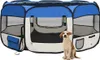 A blue and white portable pet playpen with a small tan and white puppy sitting in front of it. Náhled obrázku produktu