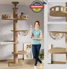 A woman is standing next to a tall cat tree, pointing to it. The cat tree has multiple levels, scratching posts, and a clear dome. Produktbild-Vorschau