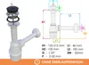 A diagram of a sink trap with dimensions and specifications, alongside a visual representation of the trap. Náhled obrázku produktu