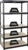A black metal shelving unit with four shelves, each holding a black trapezoidal weight labeled '265kg'. Produktbild-Vorschau
