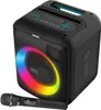 A black LAMAX PartyKing1 Play speaker with a colorful LED ring and a microphone in front of it, set against a white background. Produktbild-Vorschau