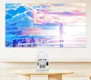 A white projector is placed on a wooden table, projecting a colorful anime-style image of clouds and a person walking on a beach onto a wall. Náhled obrázku produktu