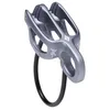 A gray climbing belay device with a black rope looped through it, set against a white background. Náhľad obrázku produktu