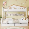 A bunk bed with storage drawers and shelves, decorated with a rainbow picture and a garland. Produktbild-Vorschau