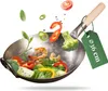 A wok filled with various ingredients like shrimp, broccoli, peppers, and tomatoes, with some ingredients flying out of the wok. Produktbild-Vorschau