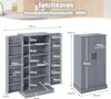 Diagrams showing the dimensions of a gray cabinet with its doors open and closed. Produktbild-Vorschau