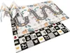A folded play mat with a road pattern and a checkerboard pattern with numbers and images. Produktbild-Vorschau