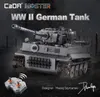A grey building block model of a WW II German tank is shown in a dark, atmospheric setting with some fiery effects in the background. A remote control is placed in the foreground. Náhľad obrázku produktu