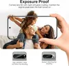 A hand holding a smartphone displaying a family photo, with close-up shots of camera lens protectors below. Produktbild-Vorschau