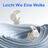 Two small, cream-colored earbud-like devices are shown floating against a background of abstract, wavy blue and gray shapes. The text 'Leicht Wie Eine Wolke' is prominently displayed at the top of the image. Produktbild-Vorschau