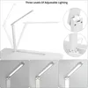 A collage showing a white adjustable LED desk lamp from different angles and lighting levels. Produktbild-Vorschau