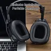 A pair of black headphones is shown next to a laptop and on a wooden surface. The image is split into two halves, with the left side showing the headphones on the laptop and the right side showing a close-up of the earcups on the wooden surface. Produktbild-Vorschau