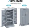 Diagrams showing the dimensions of a gray storage cabinet, with internal and external views. Anteprima dell’immagine prodotto