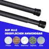 Two black curtain rods are shown against a white background, with a blue overlay at the bottom featuring text and icons representing different surfaces. Produktbild-Vorschau