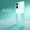 A marketing image for a smartphone, showing the back of the phone with a dual camera setup and a two-tone color scheme. The brand name 'fo' is visible on the back of the phone. Produktbild-Vorschau