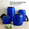 Several blue plastic barrels are displayed on a floor, some filled with food items like pickles and sauerkraut. Cabbages are also visible in the foreground. Produktbild-Vorschau