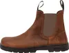 A side view of a brown leather Chelsea boot.