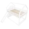 A white bunk bed with a house-shaped frame, a slide, and stairs, shown against a white background. Produktbild-Vorschau