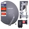 A collage showing a satellite dish, mounting hardware, and an LNB. Produktbild-Vorschau