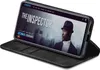 A smartphone in a black flip case is displayed on a white background, showing a movie streaming interface on its screen. Produktbild-Vorschau
