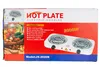 The image shows the retail packaging of a double electric hot plate. The packaging features an image of the product, a list of its features, and branding. Náhľad obrázku produktu
