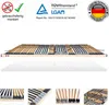 A wooden bed frame slatted base with various certifications and quality marks displayed above it. Produktbild-Vorschau