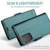 Two teal-colored phone cases are shown, one slightly behind the other, with text overlays highlighting features. Produktbild-Vorschau