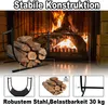 A fireplace with a fire burning, a log holder filled with firewood, and three smaller inset images showing product details and features. Náhled obrázku produktu