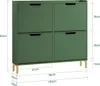 A dark green shoe cabinet with four flip-down doors and gold legs, shown with dimensions indicated by text and lines. Náhľad obrázku produktu