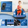 A young girl is sitting in a blue electric bumper car, holding two lollipop-like toys. The image is a collage of different views of the car, highlighting its features. Anteprima dell’immagine prodotto