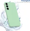 A light green phone case is shown with water splashing around it. Produktbild-Vorschau