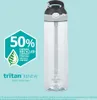 A clear plastic water bottle with a gray straw and black lid, placed on a light blue background. A hexagonal graphic with "50% CERTIFIED RECYCLED CONTENT" is on the left side of the bottle. Anteprima dell’immagine prodotto