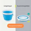 A split image showing a blue and white collapsible bucket in its open and folded states, with German text indicating its functionality. Voir les images du produit