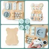 A collage of images showing a wooden Montessori busy board in the shape of a bear, with various interactive elements. Produktbild-Vorschau