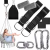 A woman is sitting in a hanging chair, surrounded by various accessories for hanging chairs. Podgląd zdjęcia produktu
