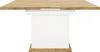 A rectangular dining table with a wooden top and a white pedestal base, shown from the front against a white background. Produktbild-Vorschau