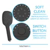 A product image of a black shower head with close-up views of its nozzle and switch button, accompanied by descriptive text and a brand logo. Produktbild-Vorschau